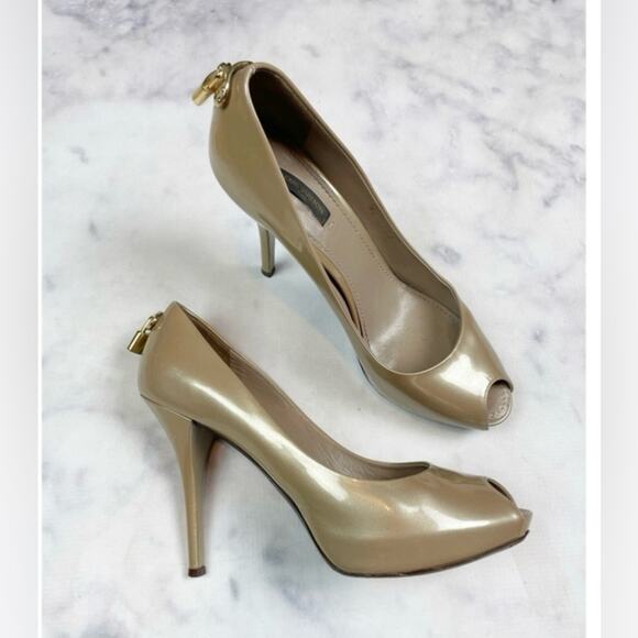 Louis Vuitton Shoes - Louis Vuitton Oh Really! Beige Patent Leather Peep Toe Pumps Gold LV Padlock